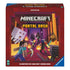 Front of Ravensburger Minecraft Portal Dash box with pixelated characters in Nether battle scene, featuring swords, mobs, and fire effects, designed as a cooperative board game for ages 10 and up.