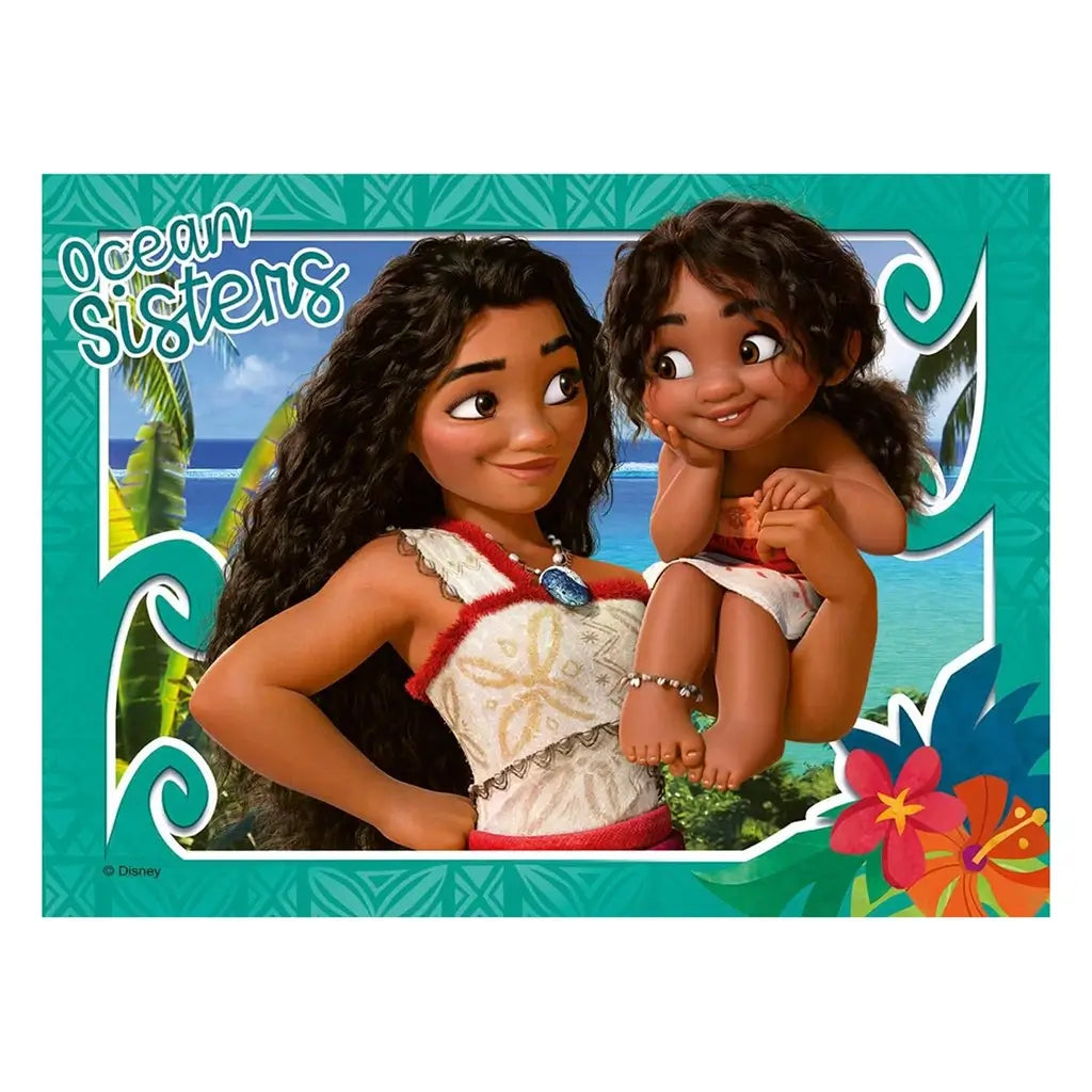 Puzzle art featuring Disney Moana holding a child labeled “Ocean Sisters,” with tropical ocean background, palm trees, and teal floral frame design.