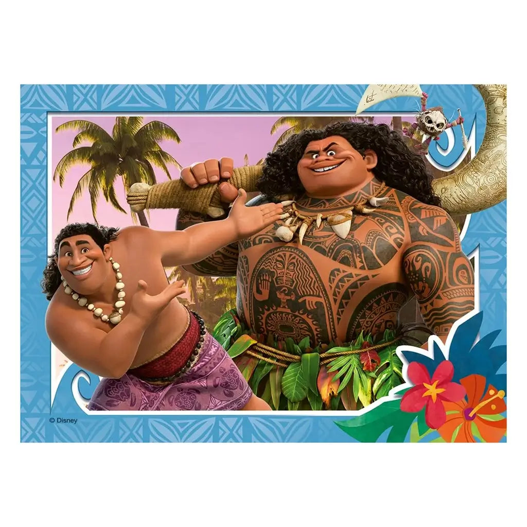 Puzzle illustration of Disney Maui smiling while carrying a large hook, with another character gesturing beside him, against palm trees and blue floral border.