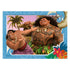 Puzzle illustration of Disney Maui smiling while carrying a large hook, with another character gesturing beside him, against palm trees and blue floral border.