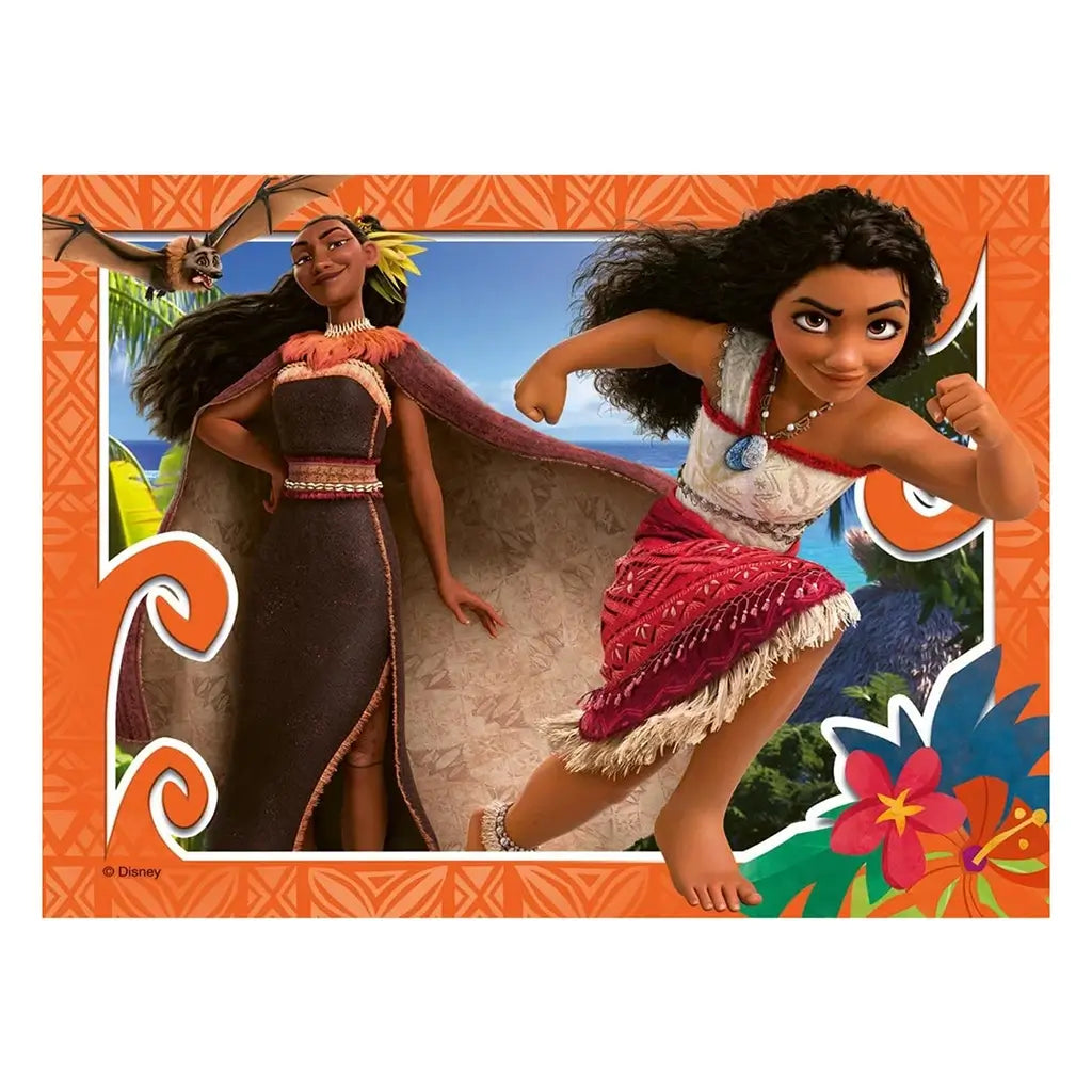 Disney Moana 2 puzzle artwork featuring Moana running forward beside a woman in a brown dress and cape, framed with orange floral border and tropical setting.