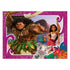 Disney Moana 2 puzzle design with Maui in leaf skirt holding weapon, Moana holding an oar, and Pua pig in foreground, set against purple floral border.