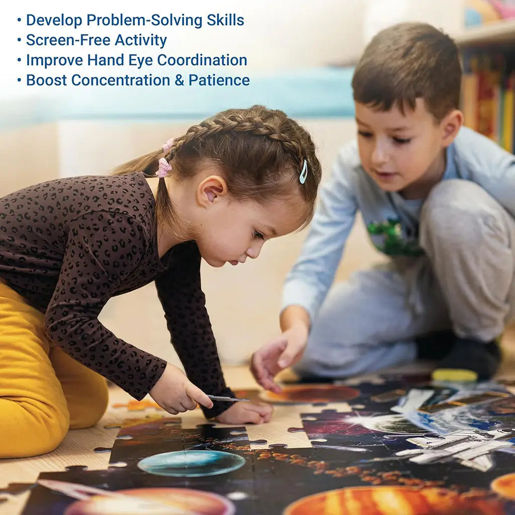 Two children kneeling on the floor working on a large colorful Ravensburger puzzle of space, with text about developing problem-solving, coordination, and patience.