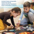 Two children kneeling on the floor working on a large colorful Ravensburger puzzle of space, with text about developing problem-solving, coordination, and patience.