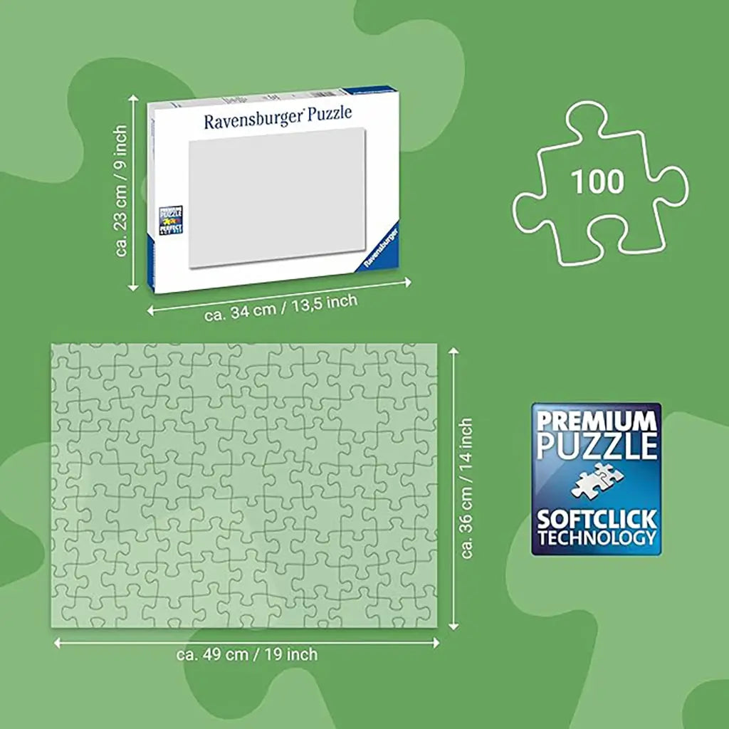 Puzzle size guide showing Ravensburger Moana 2 box and completed puzzle dimensions of 49 cm by 36 cm, with premium softclick technology logo on a green puzzle background.