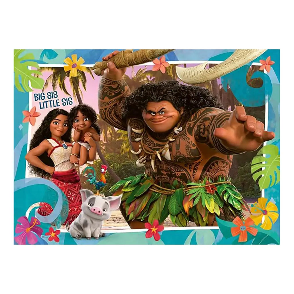 Colorful Ravensburger Moana 2 puzzle design featuring Moana holding a child, Maui with tattoos and leafy skirt, pig Pua, and island jungle background with tropical flowers.