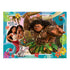 Colorful Ravensburger Moana 2 puzzle design featuring Moana holding a child, Maui with tattoos and leafy skirt, pig Pua, and island jungle background with tropical flowers.