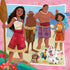 Disney Moana 2 puzzle design showing Moana holding an oar with family members and pets Hei Hei and Pua against a pink floral background with island setting.