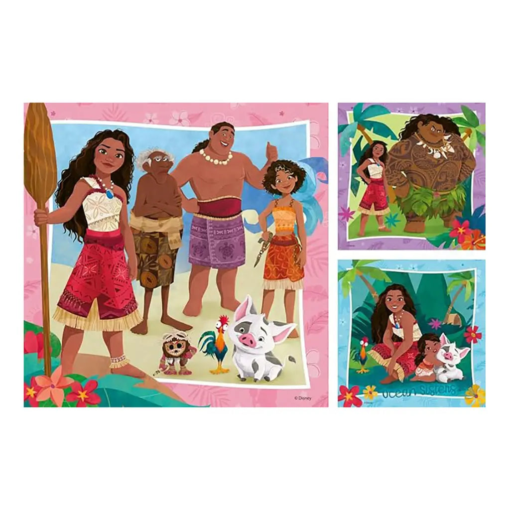 Three Ravensburger Moana 2 puzzle illustrations showing Moana with family and pets, Moana with Maui, and Moana hugging Pua against vibrant island floral backgrounds.