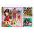 Three Ravensburger Moana 2 puzzle illustrations showing Moana with family and pets, Moana with Maui, and Moana hugging Pua against vibrant island floral backgrounds.