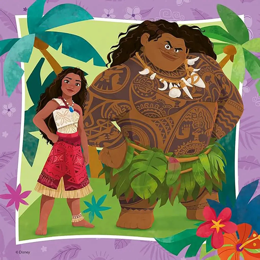 Puzzle artwork featuring Disney Moana standing beside Maui with detailed tribal tattoos, both smiling confidently on a tropical island backdrop with palm trees and flowers.
