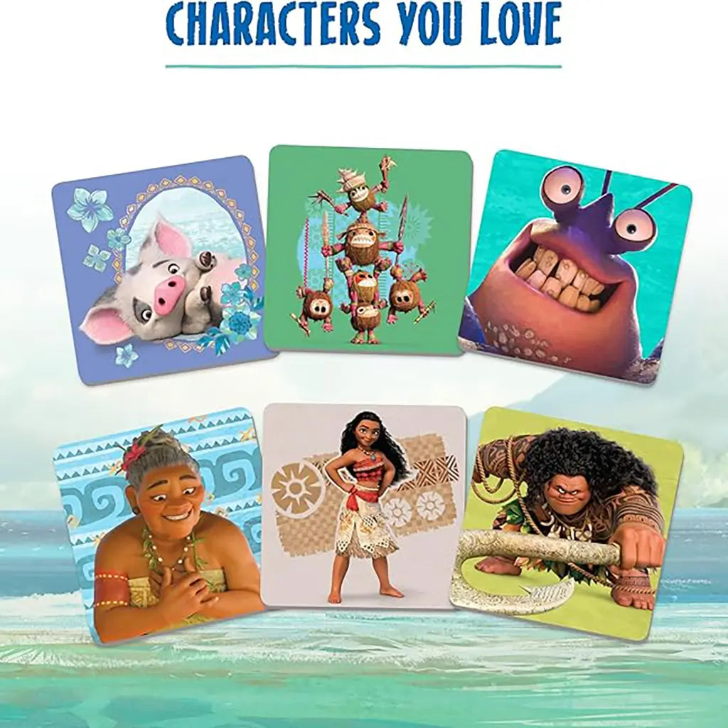 Disney Moana Matching Game character tiles close-up featuring Moana, Maui, Grandma Tala, Tamatoa, Pua, Hei Hei, Te Fiti, and Kakamora coconuts on colorful illustrated cards.