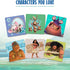 Disney Moana Matching Game character tiles close-up featuring Moana, Maui, Grandma Tala, Tamatoa, Pua, Hei Hei, Te Fiti, and Kakamora coconuts on colorful illustrated cards.