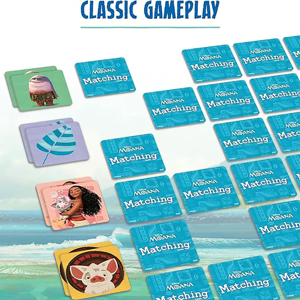 Close-up of Disney Moana Matching Game tiles spread in grid, showing characters like Moana, Pua, Maui, and leaf designs on square cards with vibrant backgrounds.