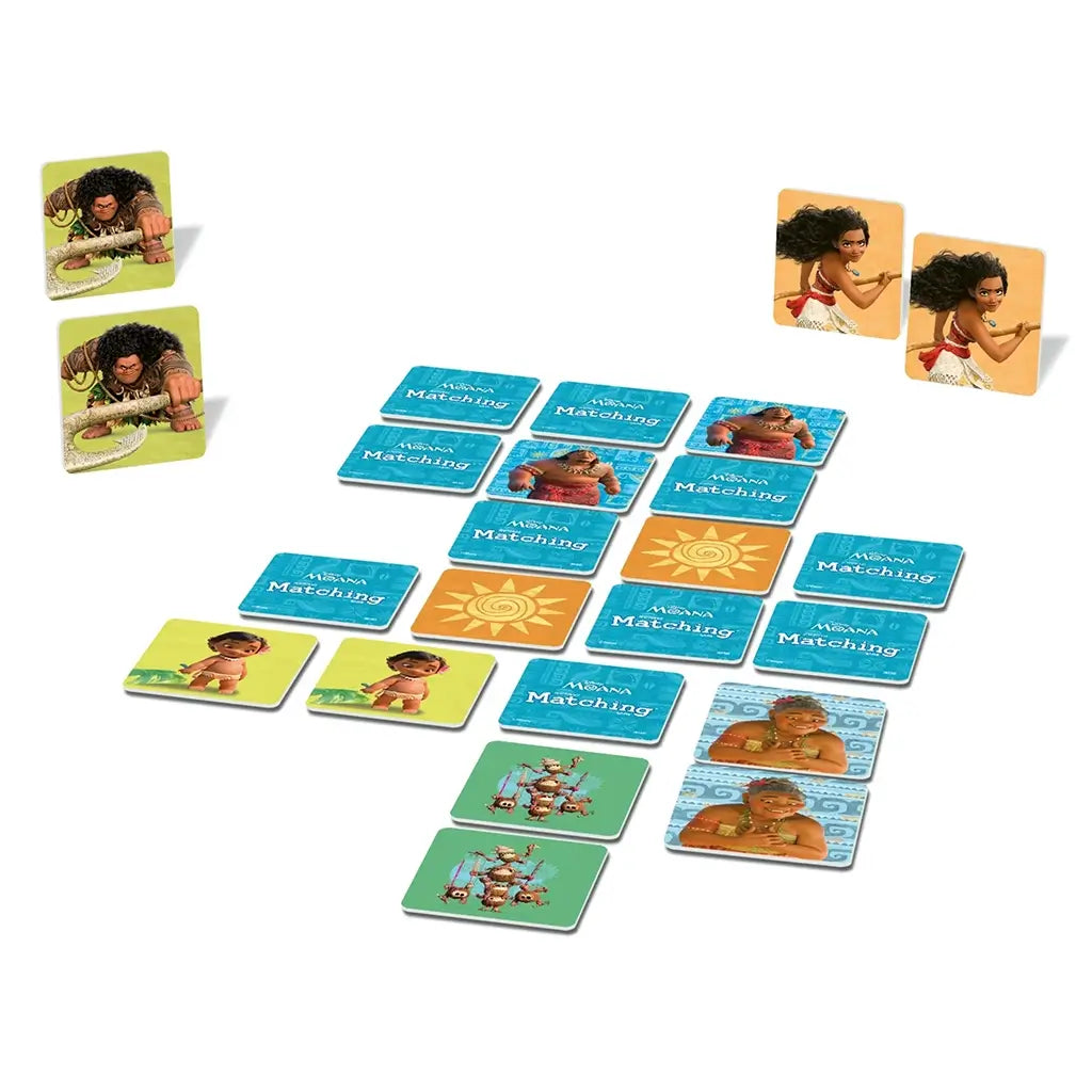 Disney Moana Matching Game cards arranged in grid, showing pairs like baby Moana, Maui, Grandma Tala, and Te Fiti with ocean background and colorful illustrated tiles.