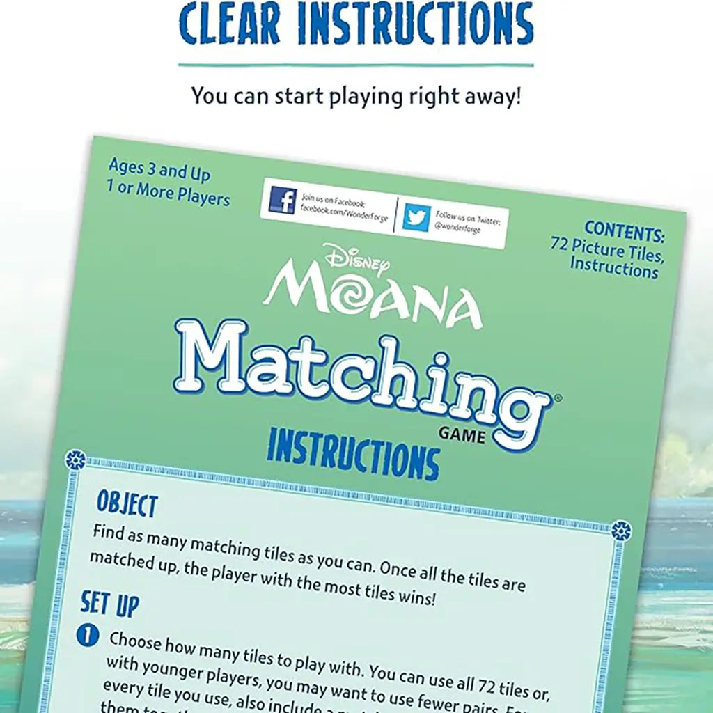 Disney Moana Matching Game instruction sheet with green background, explaining object, setup, and rules, decorated with ocean-inspired patterns and Disney Moana branding.