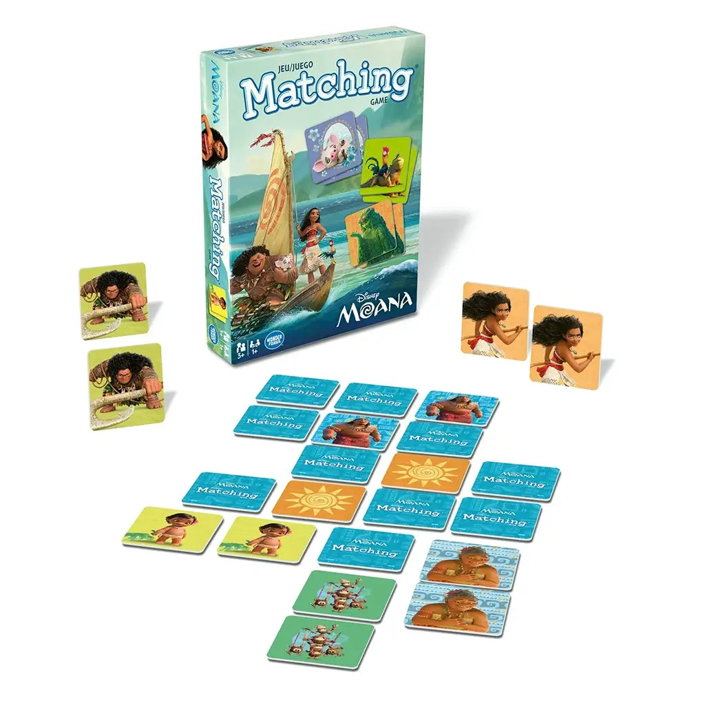 Disney Moana Matching Game box with cards displayed in front, showing character pairs including Maui, Moana, Grandma Tala, and Kakamora, laid out in colorful illustrated tiles.