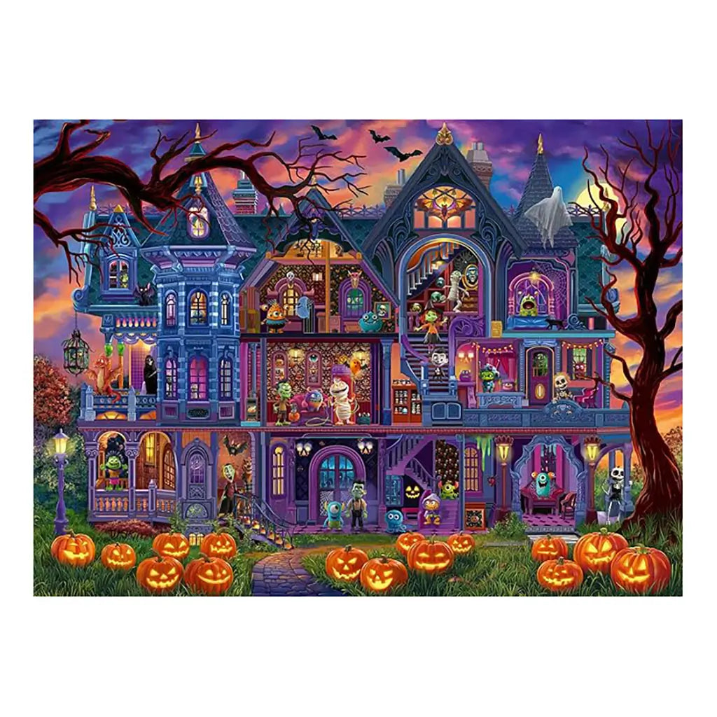 Completed Ravensburger puzzle artwork of a haunted mansion at night with jack-o’-lanterns, skeletons, and costumed characters in a festive, spooky Halloween setting.