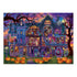 Completed Ravensburger puzzle artwork of a haunted mansion at night with jack-o’-lanterns, skeletons, and costumed characters in a festive, spooky Halloween setting.