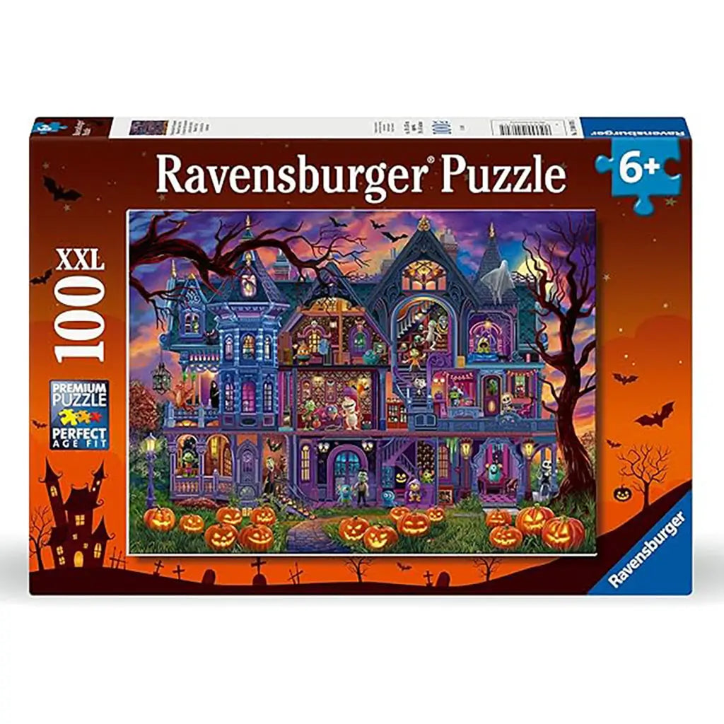 Ravensburger 100-piece XXL puzzle box featuring a vibrant haunted house illustration with pumpkins, bats, and spooky characters, designed for children aged six and older.