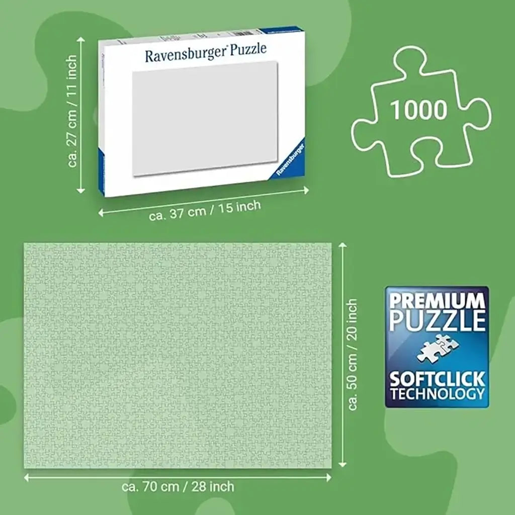 Ravensburger 1000-piece puzzle dimension chart showing box size of 37x27 cm and completed size of 70x50 cm, featuring Softclick technology for smooth and accurate assembly.