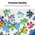 Scattered Ravensburger puzzle pieces with colorful patterns and glossy print, emphasizing premium quality cardboard material for durable, precise fitting puzzle experiences.