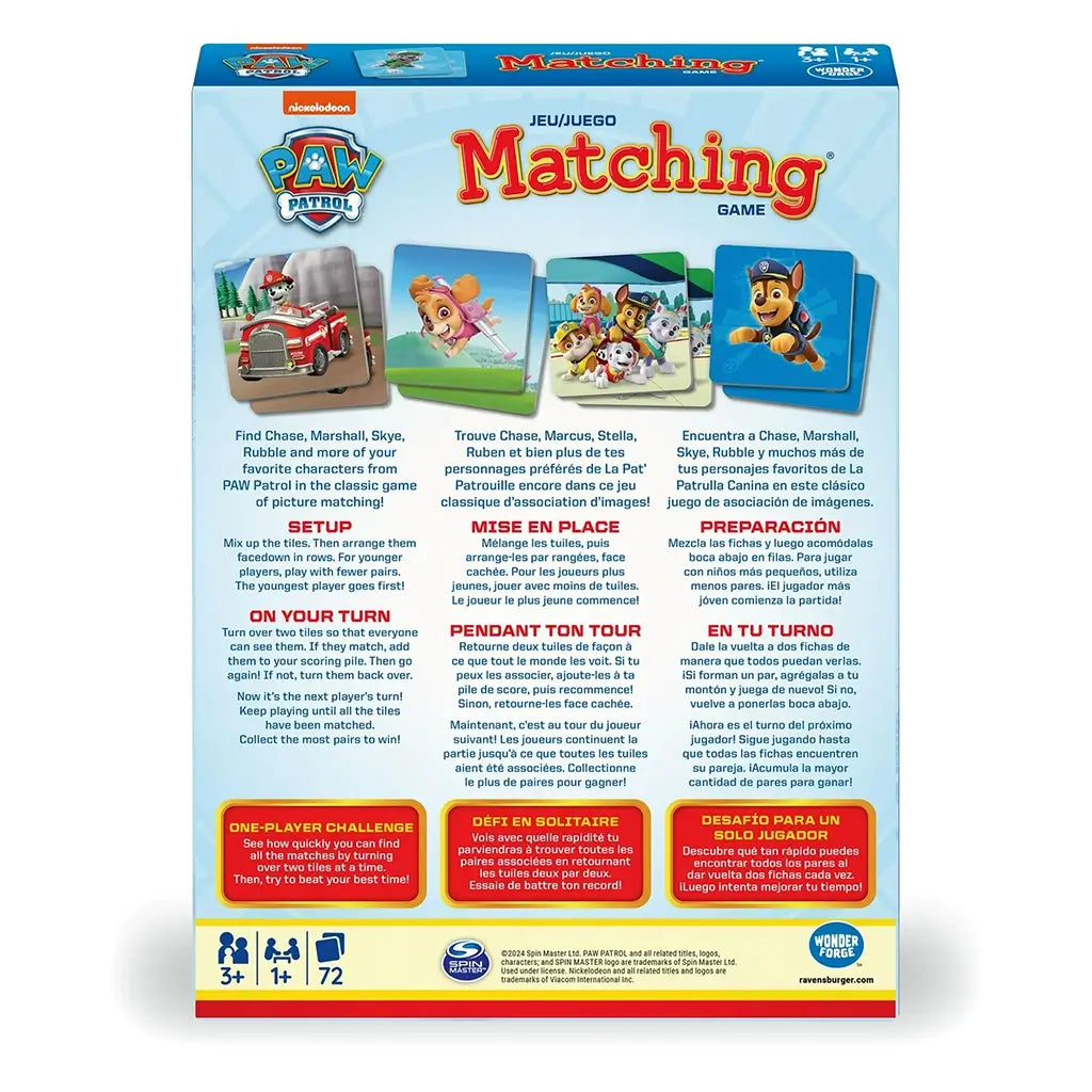 Back of Paw Patrol matching game box with setup instructions in English, French, and Spanish, featuring images of Skye, Chase, and other pups on colorful square tiles.