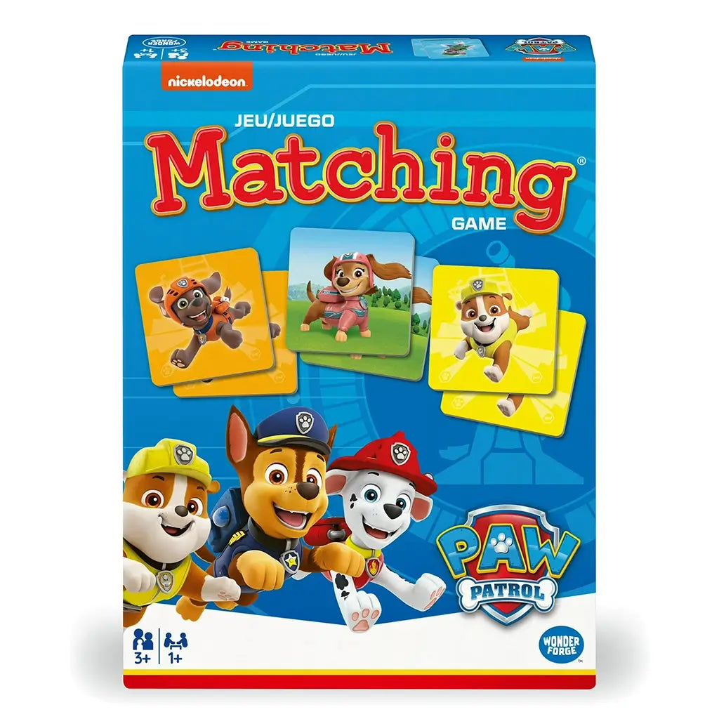 Front of Paw Patrol matching game box with bright blue background, showing Chase, Marshall, Rubble, and Skye, along with square tiles featuring Nickelodeon pup characters.