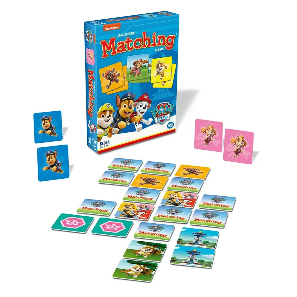 Paw Patrol matching game box and tiles displayed together, with character cards of Chase, Skye, and Rubble laid out on a white surface for a preview of gameplay.