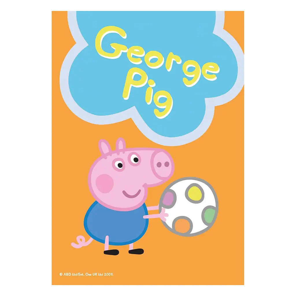 George Pig puzzle piece features the pink cartoon pig in a blue shirt holding a white ball with colorful spots, set against a bold orange background with his name.