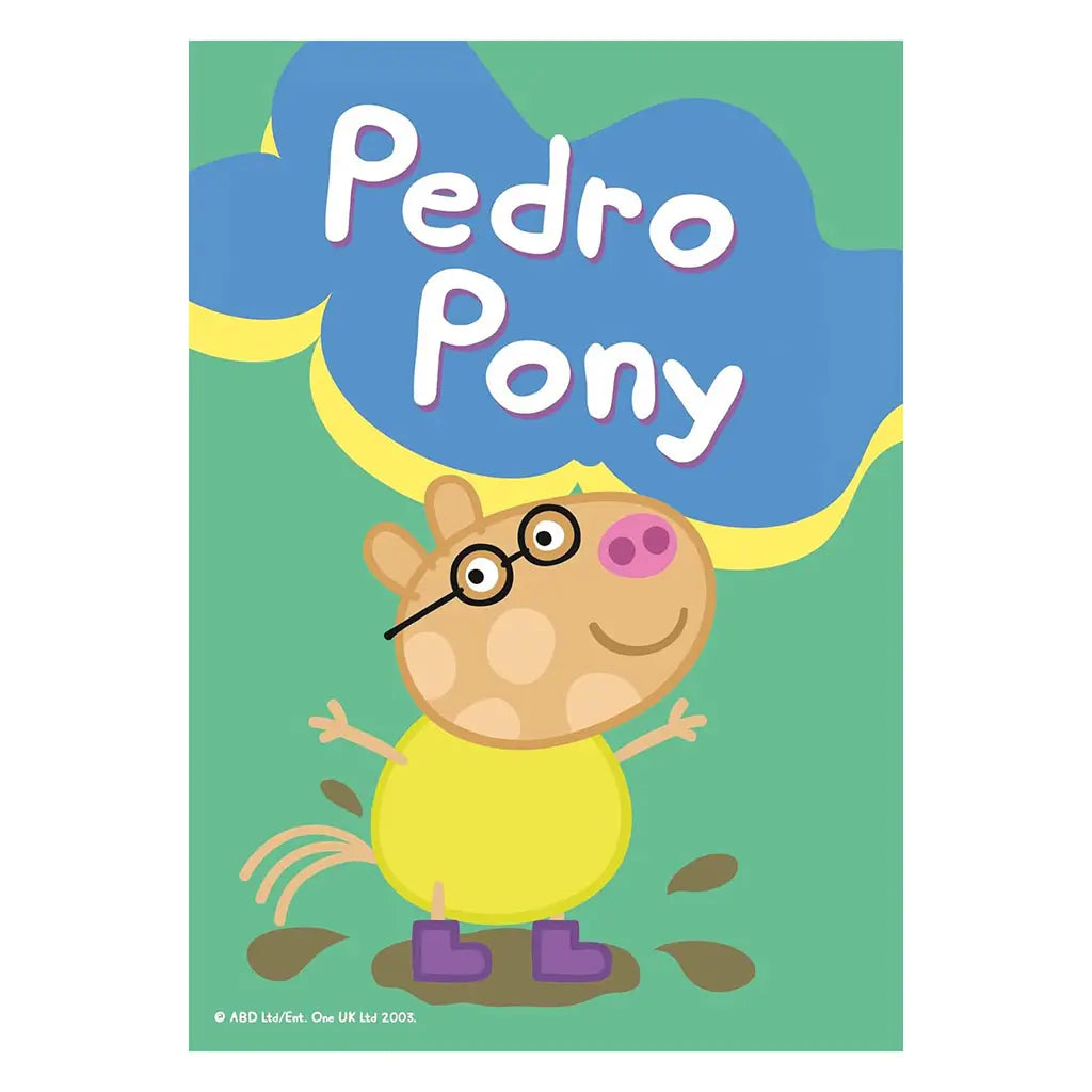 Pedro Pony puzzle piece shows the tan cartoon pony in a yellow outfit with purple boots and glasses, smiling on a green background with his name written above.