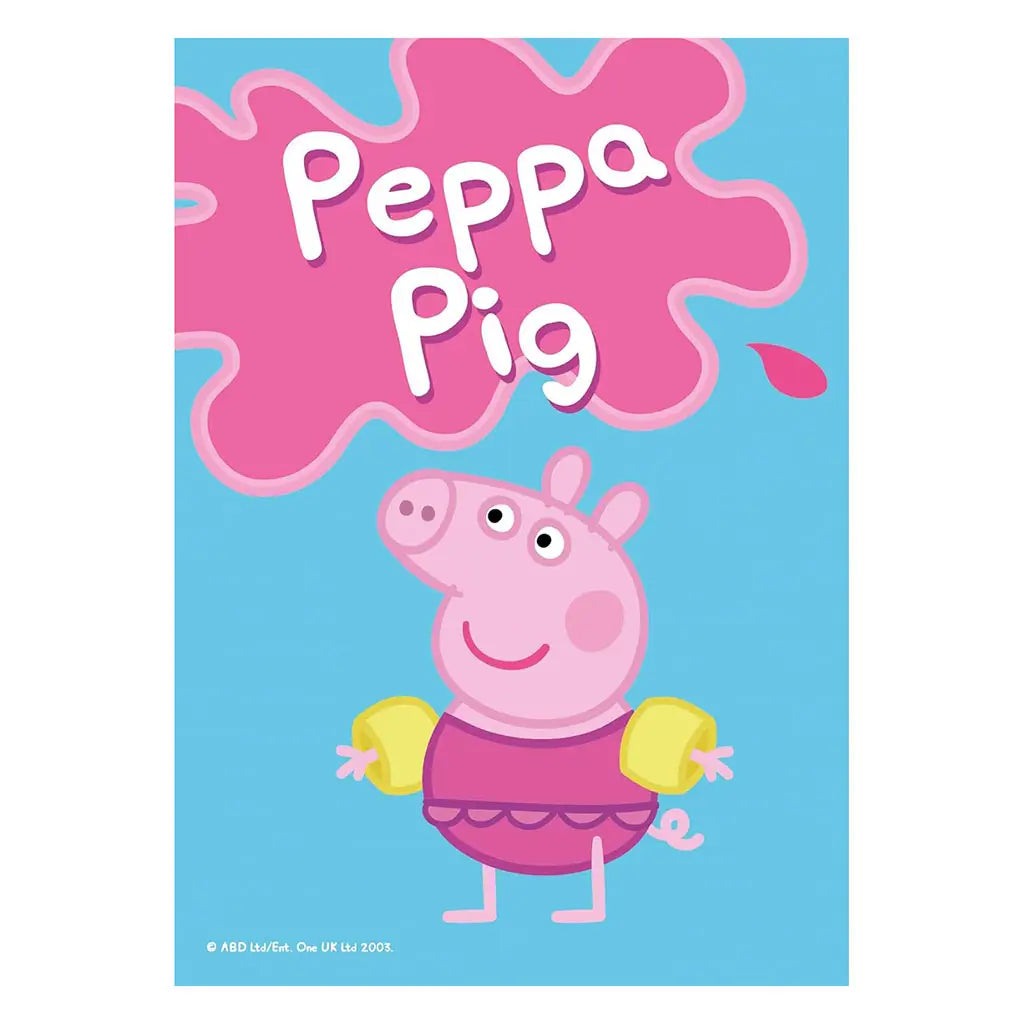 Peppa Pig puzzle piece shows the pink cartoon pig in a purple swimsuit with yellow armbands on a bright blue background with the Peppa Pig logo in white letters.