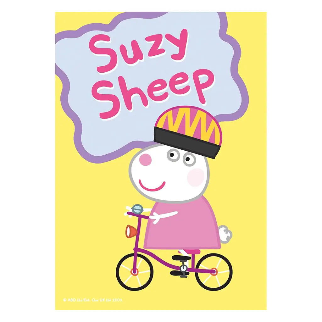 Suzy Sheep puzzle piece shows the white cartoon sheep wearing a pink dress and helmet while riding a red bicycle, set against a cheerful yellow background with her name.