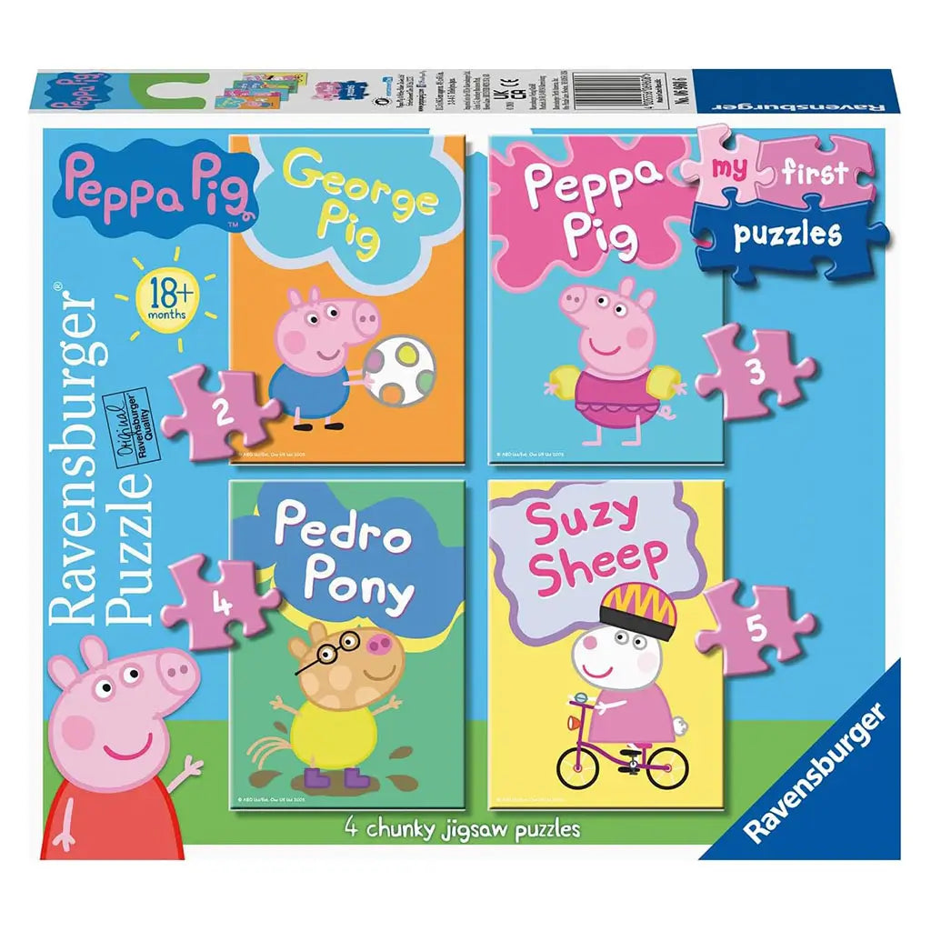 Ravensburger Peppa Pig puzzle box displays four chunky jigsaw puzzles featuring Peppa Pig, George Pig, Suzy Sheep, and Pedro Pony with colorful cartoon artwork.