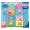 Ravensburger Peppa Pig puzzle box displays four chunky jigsaw puzzles featuring Peppa Pig, George Pig, Suzy Sheep, and Pedro Pony with colorful cartoon artwork.