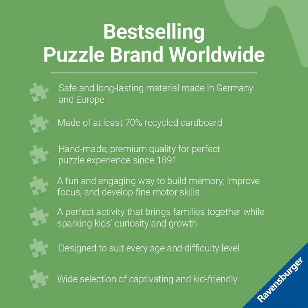 Green background graphic highlighting Ravensburger as bestselling puzzle brand worldwide, featuring sustainability, recycled materials, quality, and family-friendly design.