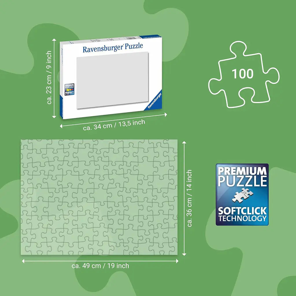 Puzzle size guide showing Ravensburger box dimensions of 34x23 cm and completed puzzle size of 49x36 cm, with premium Softclick technology logo on green background.