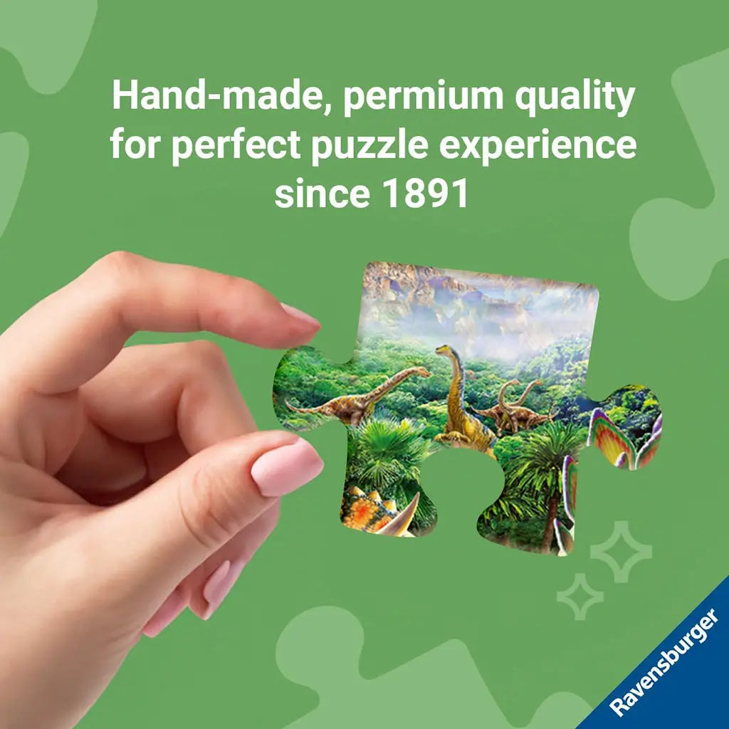 Close-up of hand holding Ravensburger puzzle piece with dinosaur image, green background text emphasizing hand-made premium quality since 1891 for puzzle lovers.
