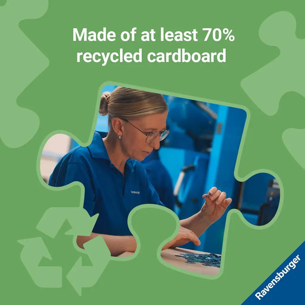 Promotional graphic showing Ravensburger worker inspecting puzzle pieces, with text highlighting puzzles made of at least 70% recycled cardboard for sustainability.