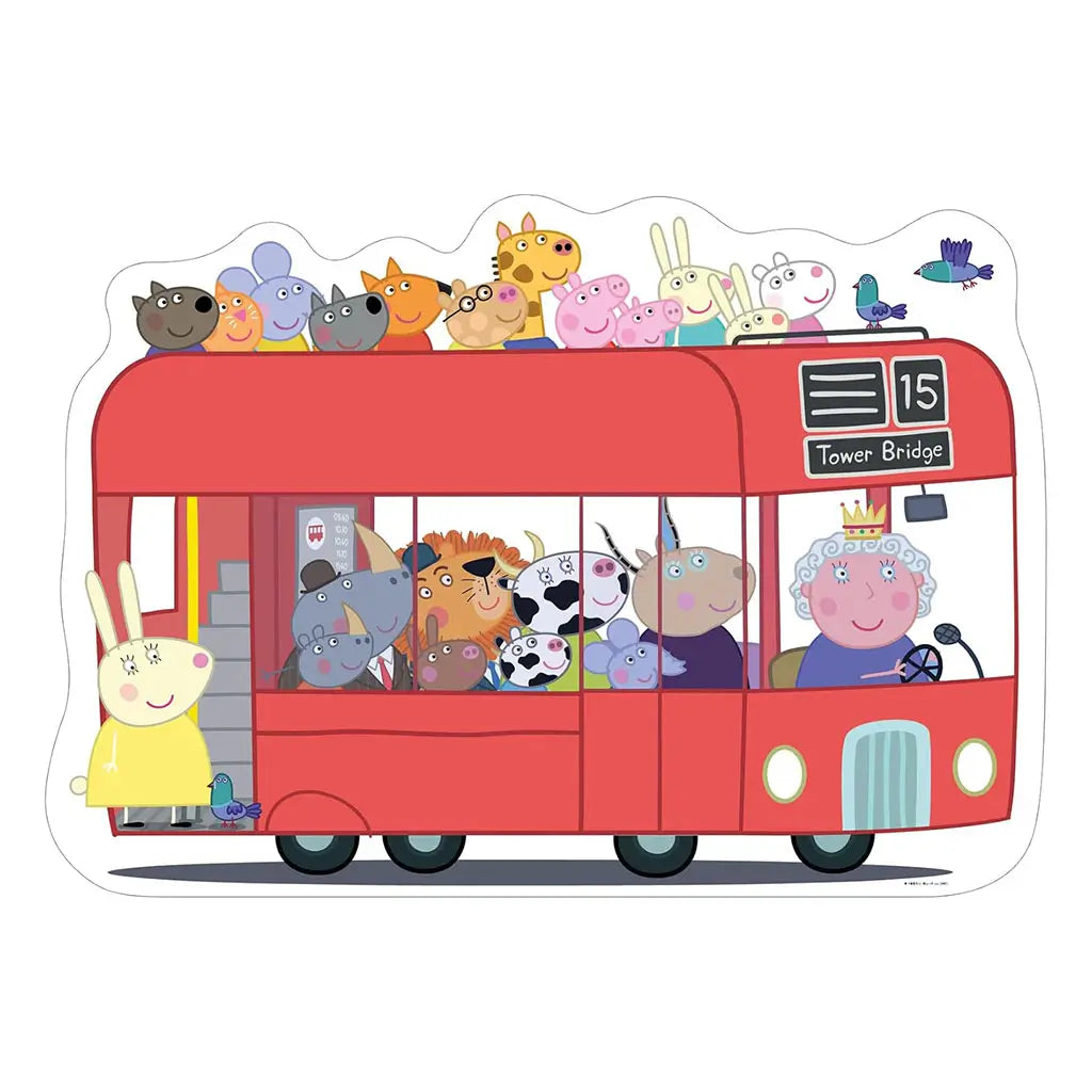 Completed Ravensburger Peppa Pig puzzle showing a red double-decker London bus full of cheerful animal characters with Queen driving and Tower Bridge route sign.