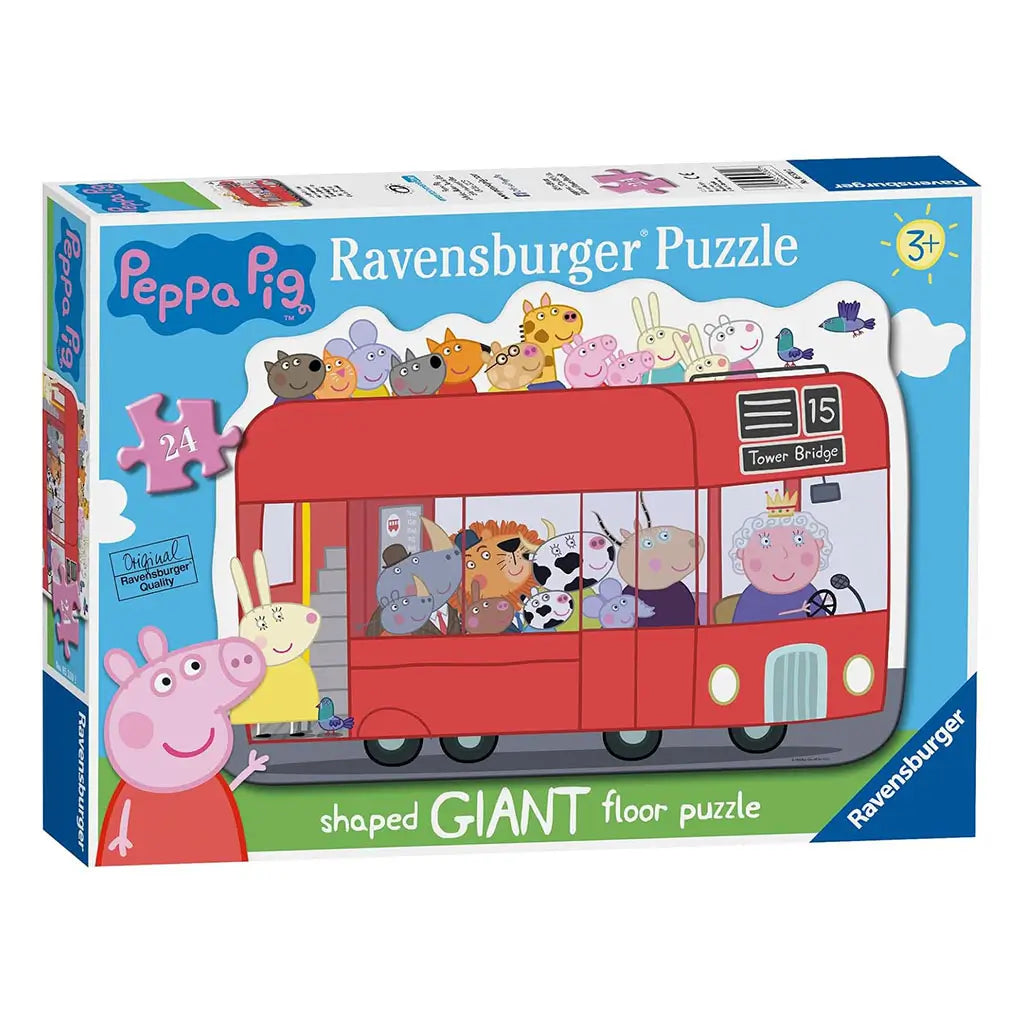 Ravensburger Peppa Pig 24-piece giant floor puzzle box featuring a red London bus with Peppa Pig and friends riding together, designed for children aged three and up.