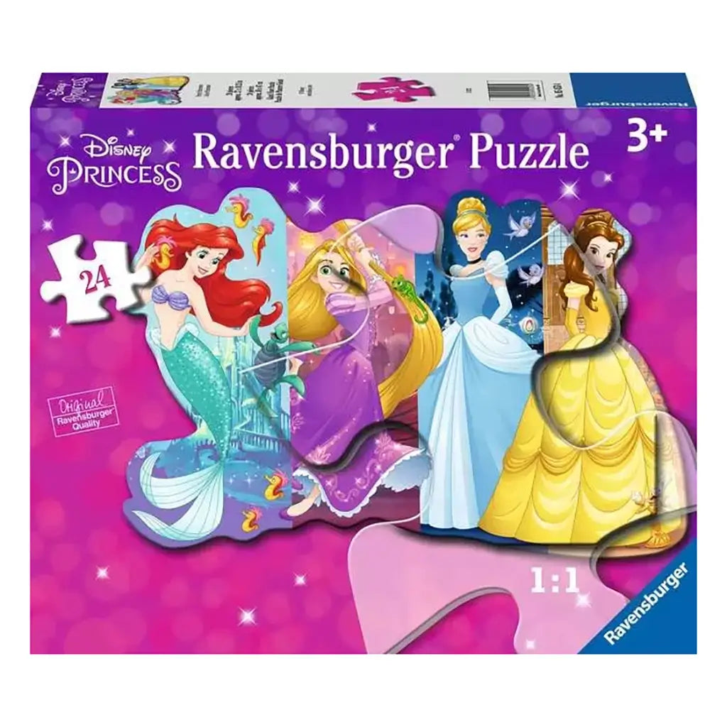 Front of Ravensburger 24-piece Disney Princess puzzle box showing Ariel, Rapunzel, Cinderella, and Belle with age recommendation and puzzle branding.