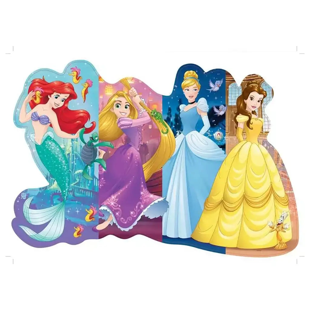 Colorful shaped floor puzzle featuring Ariel, Rapunzel, Cinderella, and Belle from Disney Princesses, each in themed backgrounds with vibrant detailing.