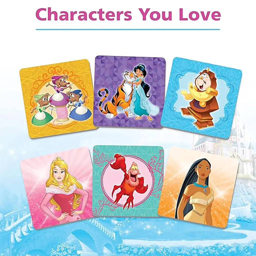Disney Princess matching game cards featuring colorful square tiles with characters like Jasmine, Pocahontas, Aurora, Sebastian, and Cinderella’s mice, set on patterned backgrounds.