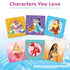 Disney Princess matching game cards featuring colorful square tiles with characters like Jasmine, Pocahontas, Aurora, Sebastian, and Cinderella’s mice, set on patterned backgrounds.
