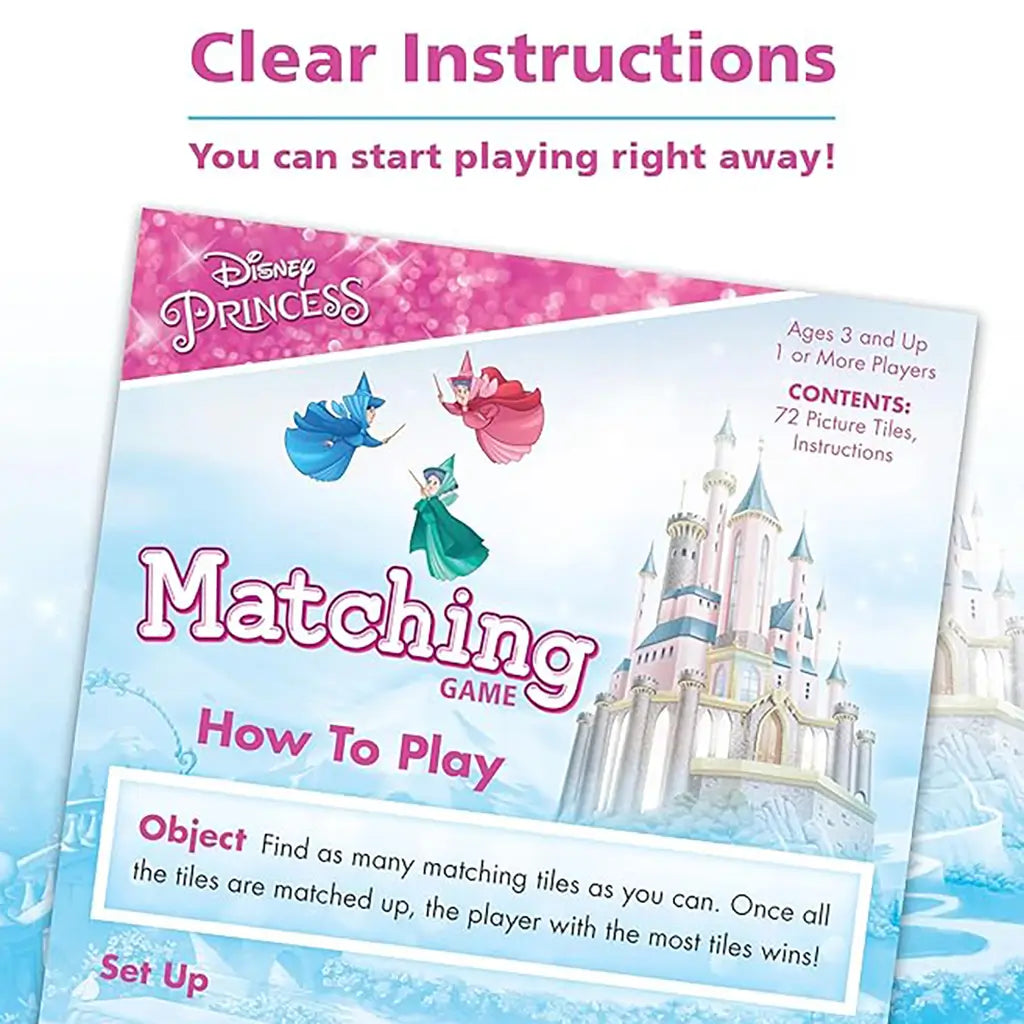 Instruction sheet for Disney Princess Matching Game with castle artwork and simple directions, showing how to match 72 picture tiles with beloved princesses for family-friendly gameplay.