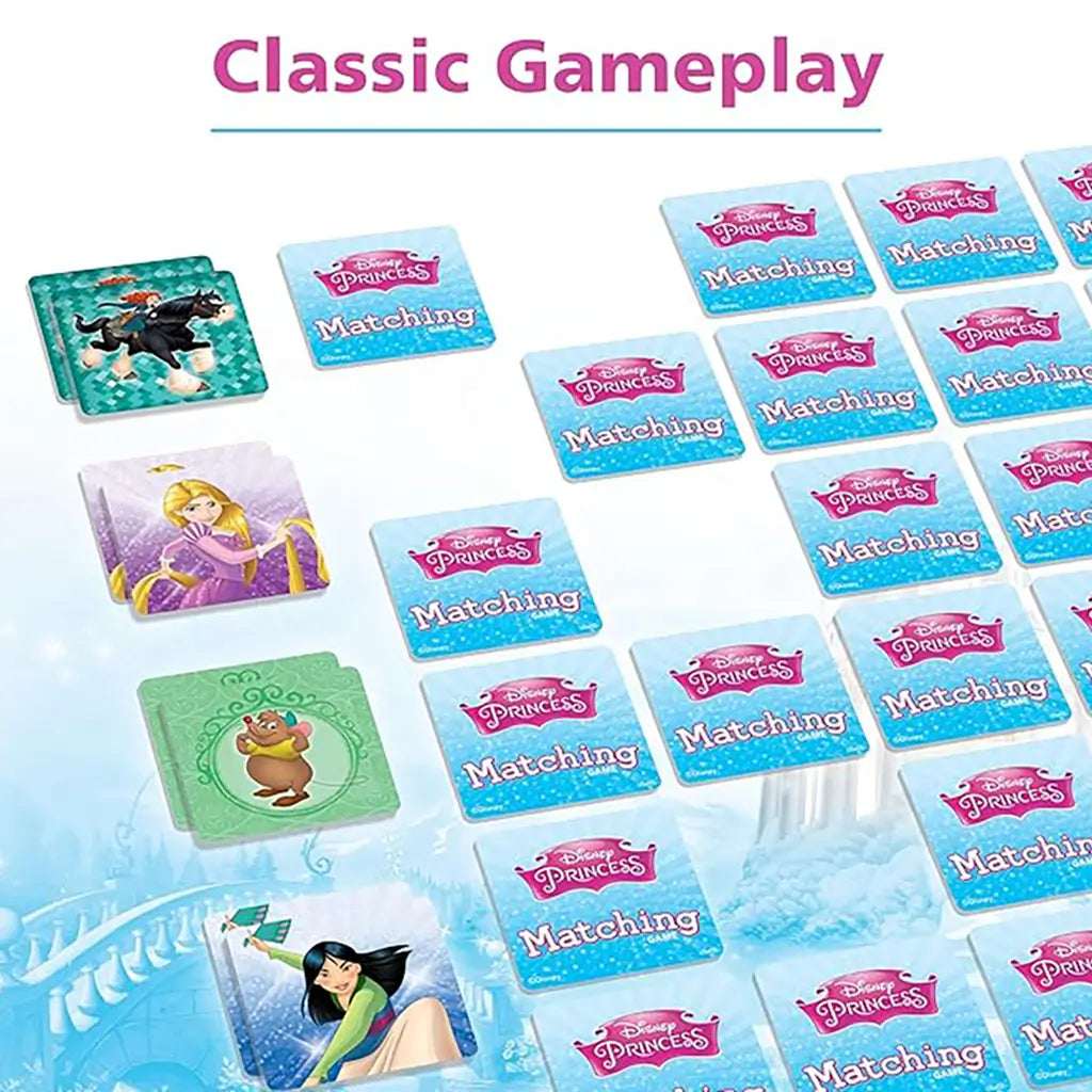 Classic Disney Princess matching game setup with sturdy square tiles featuring Rapunzel, Mulan, and other characters, flipped over on a blue castle-themed background for engaging play.