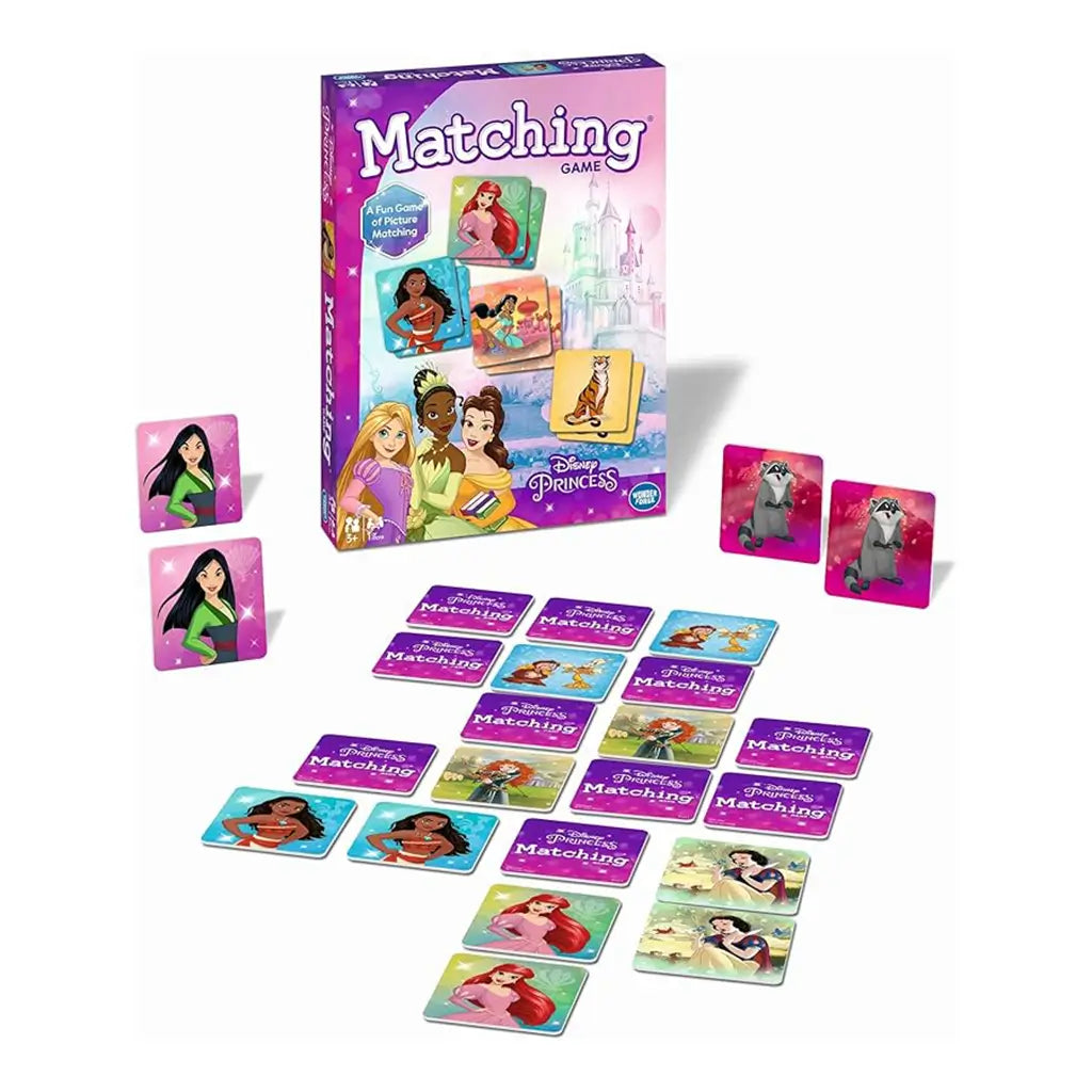 Disney Princess Matching Game box and cards displayed with characters including Mulan, Ariel, Moana, Snow White, and Jasmine, showing a fun picture-matching activity for kids ages 3 and up.
