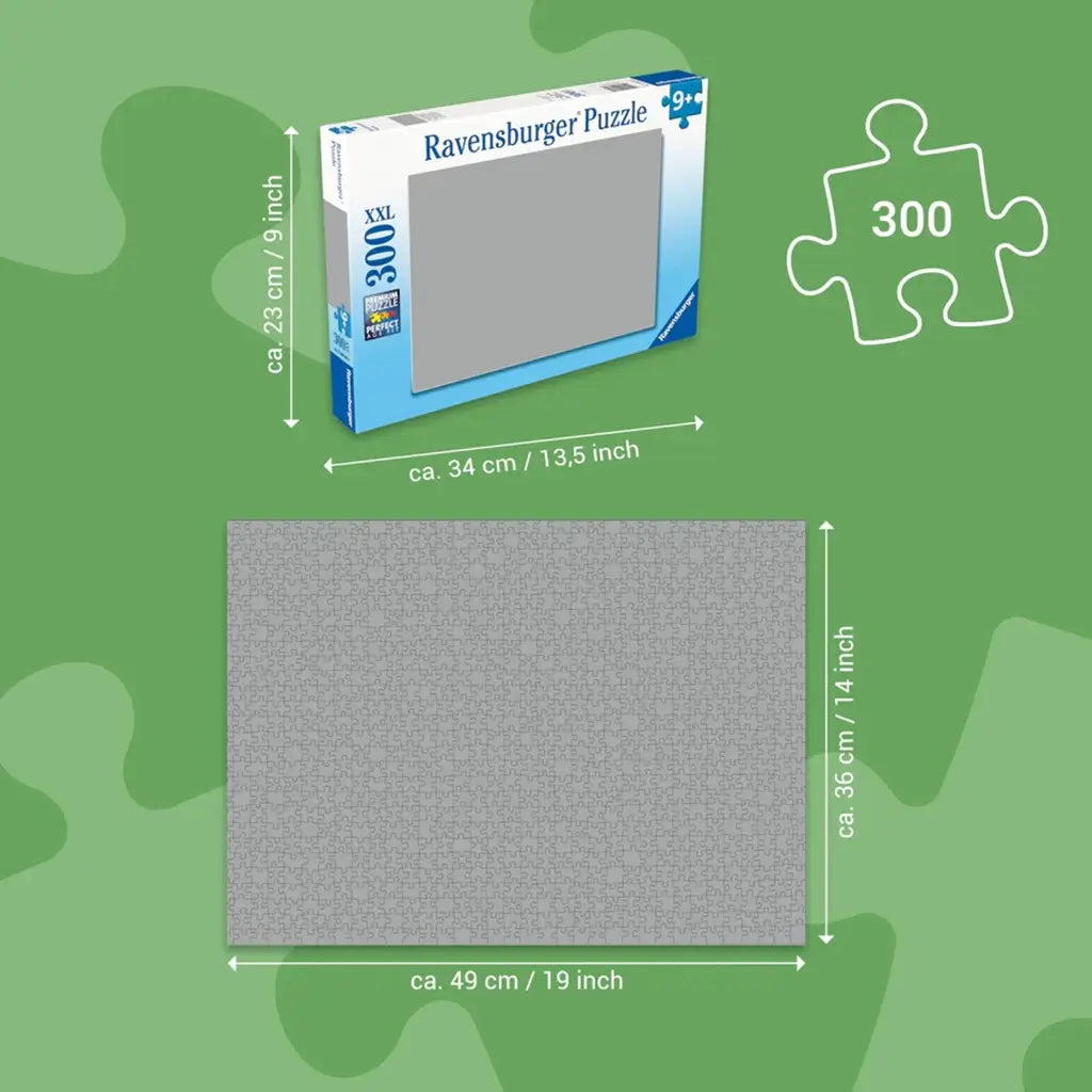 Ravensburger puzzle dimension guide showing 300 piece Disney box and completed puzzle size of approximately 49 cm by 36 cm with clear labeled measurements in inches.