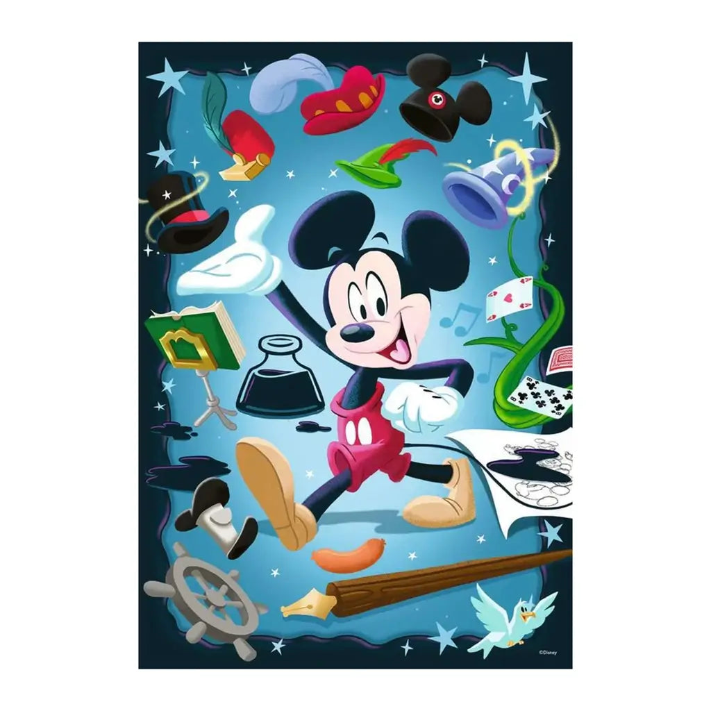 Illustrated Ravensburger Disney puzzle design featuring Mickey Mouse surrounded by floating hats, books, ink, cards, and magical elements on a glowing blue background.